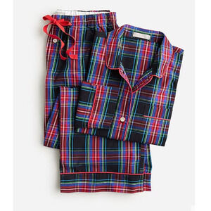 NWT J. Crew Long-Sleeve Cotton Poplin Pajama Set Black Stewart Tartan SMALL